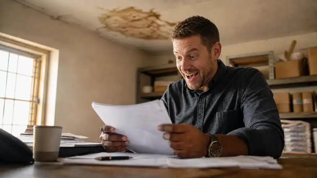 Man in a dark shirt enthusiastically reading a stack of papers at a cluttered workshop table.